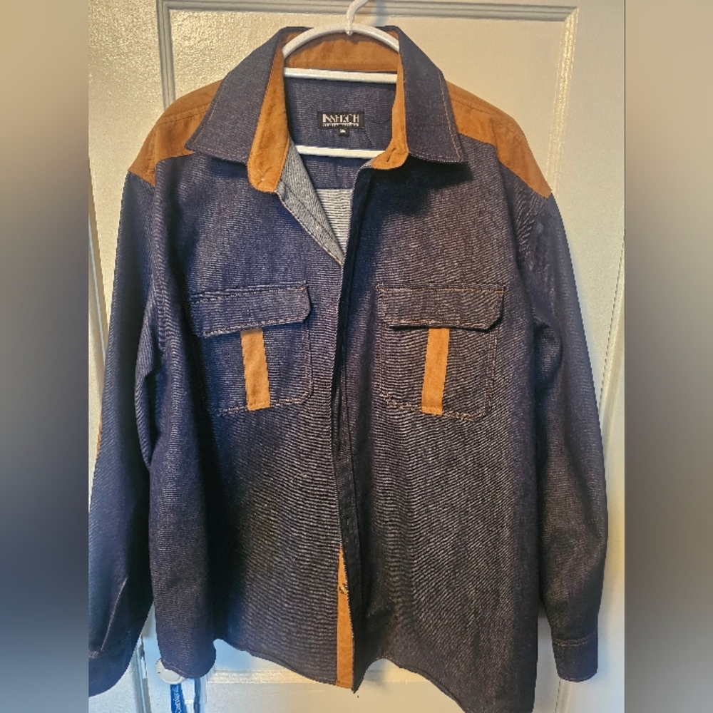 Inserch  Apparel Men's Blue Jean Brown Jacket and Jeans Outfit Jacket Size 3XL